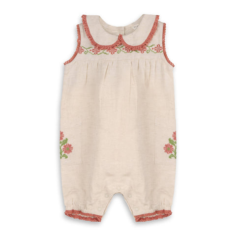 Poppy Floral Embroidered Baby Romper -Linen Blend