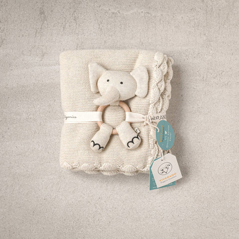 Scallop Classic Knit Baby Blanket + Elephant Rattle Gift Set