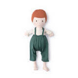 Charlie in Natural Shirt and River Green Linen Overalls